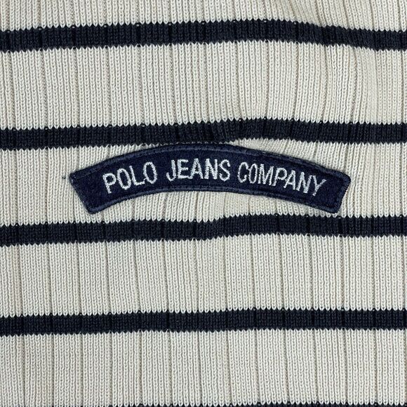 Polo Jeans Ralph Lauren Crewneck Tight Knit Sweater Men's M Beige Black Striped - Picture 6 of 13